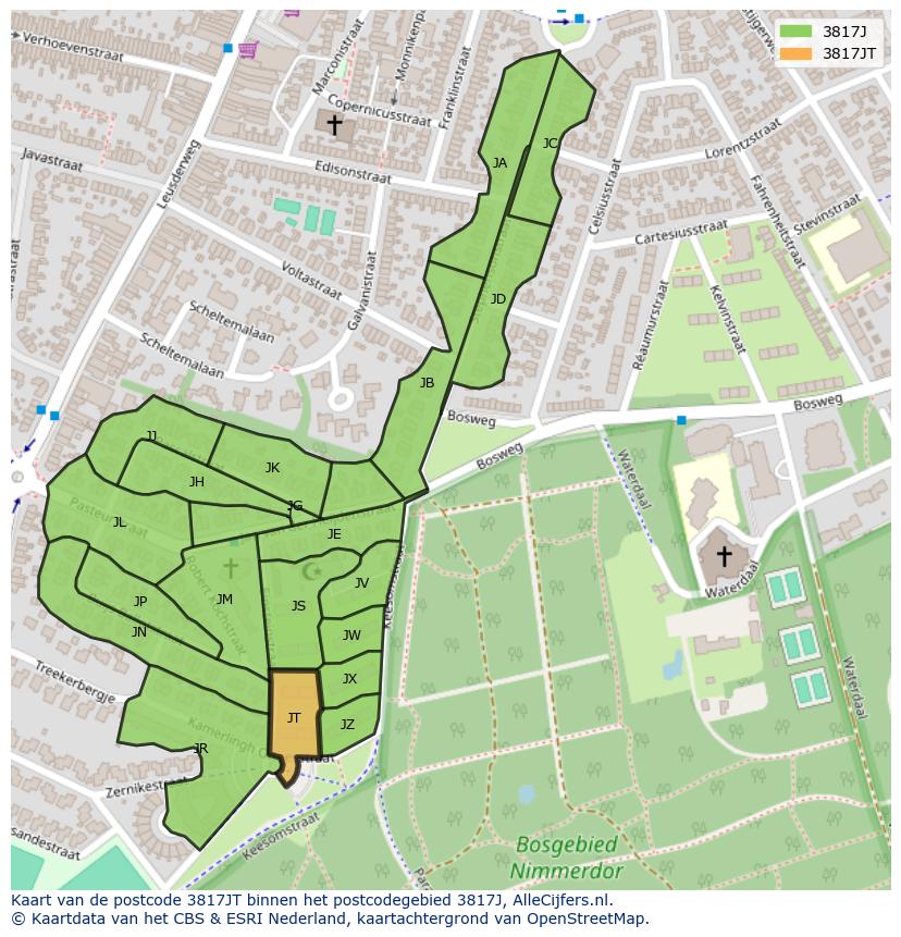 Afbeelding van het postcodegebied 3817 JT op de kaart.