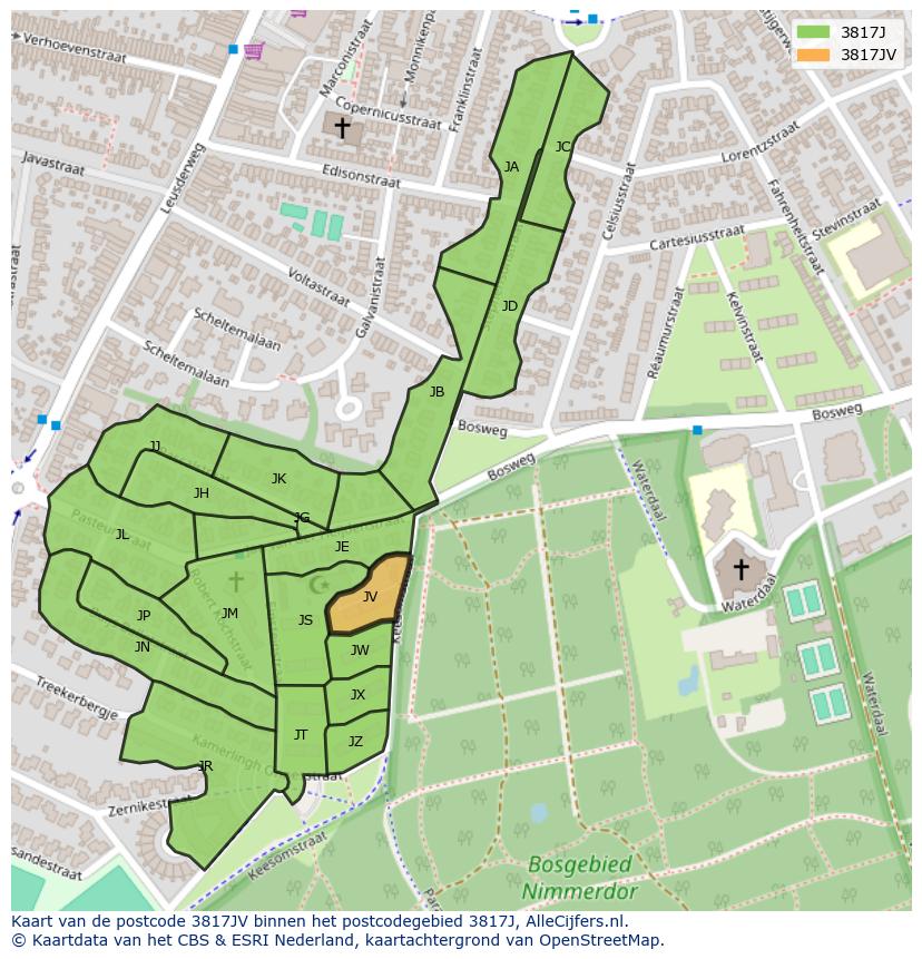 Afbeelding van het postcodegebied 3817 JV op de kaart.