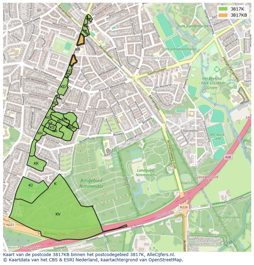 Afbeelding van het postcodegebied 3817 KB op de kaart.