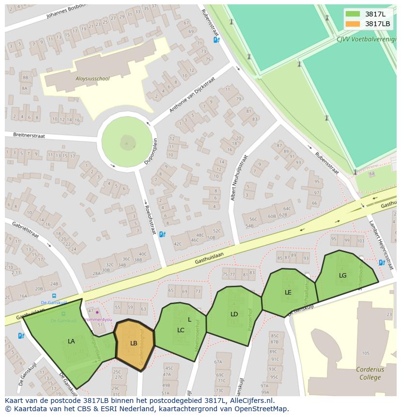 Afbeelding van het postcodegebied 3817 LB op de kaart.