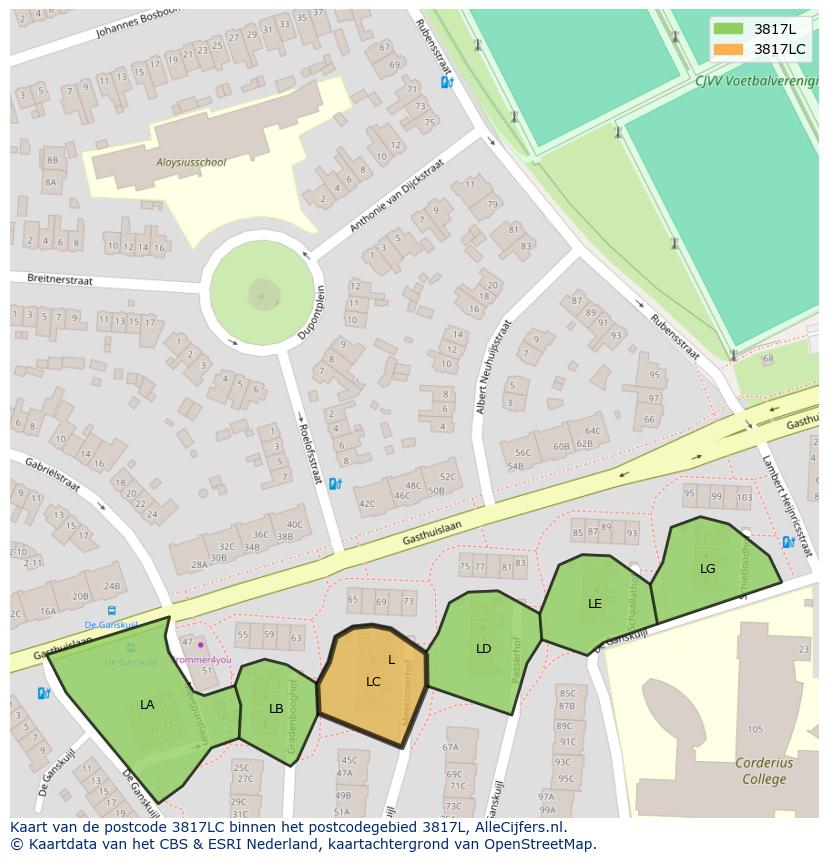 Afbeelding van het postcodegebied 3817 LC op de kaart.