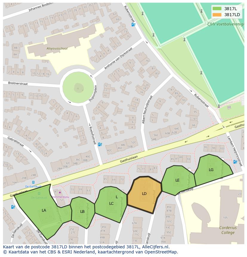 Afbeelding van het postcodegebied 3817 LD op de kaart.