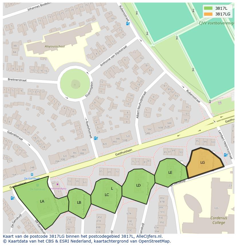 Afbeelding van het postcodegebied 3817 LG op de kaart.