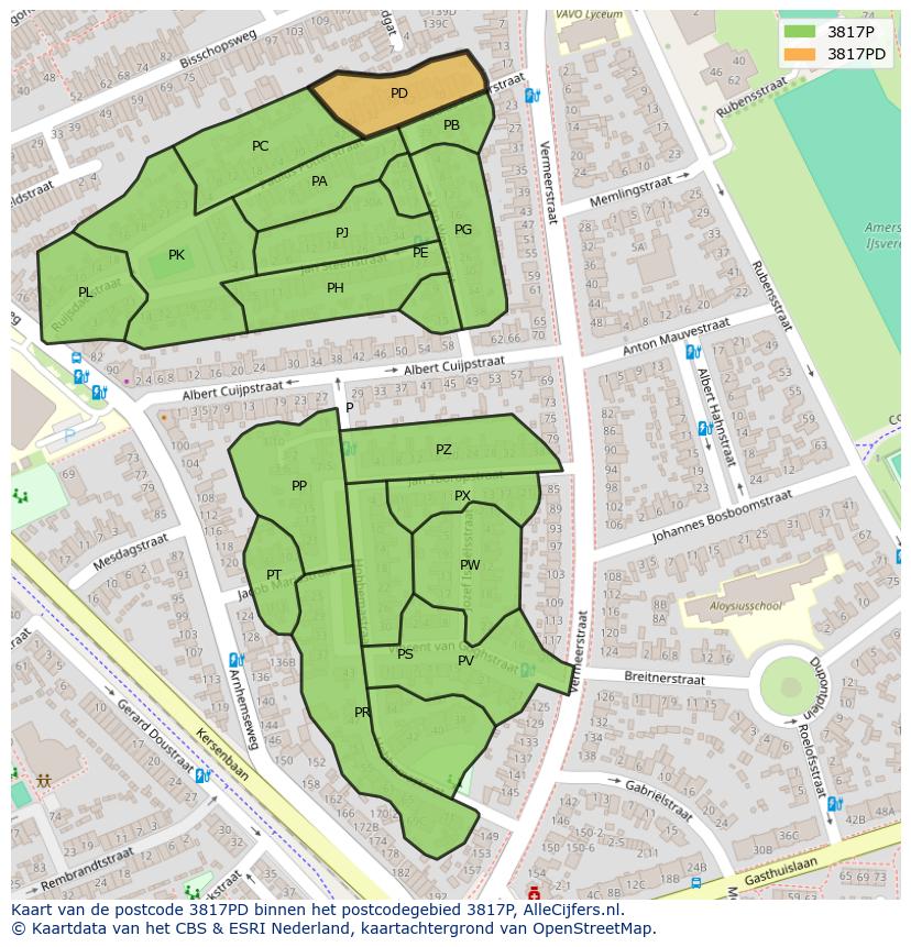 Afbeelding van het postcodegebied 3817 PD op de kaart.