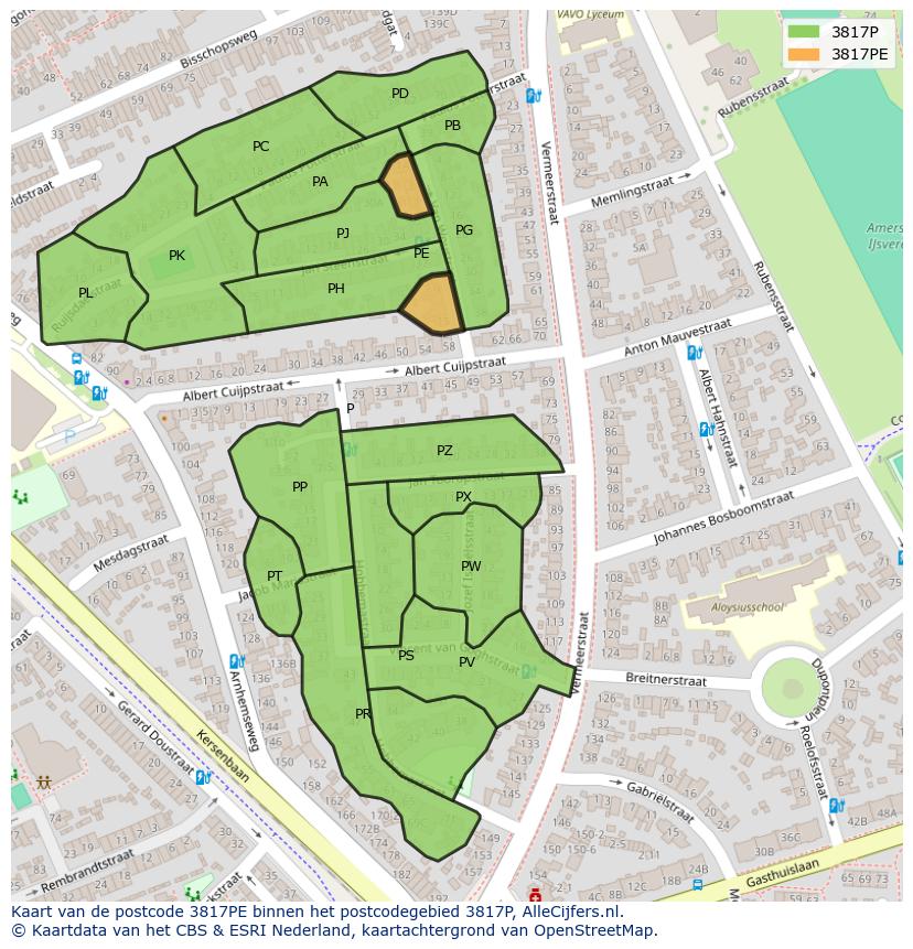 Afbeelding van het postcodegebied 3817 PE op de kaart.