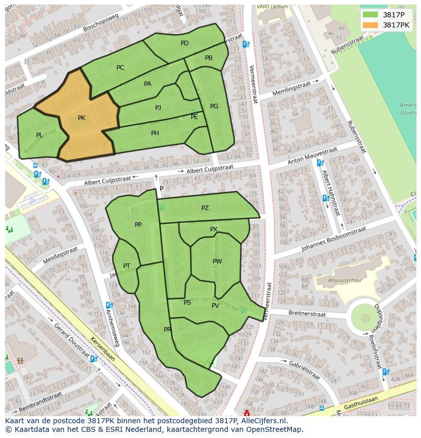 Afbeelding van het postcodegebied 3817 PK op de kaart.