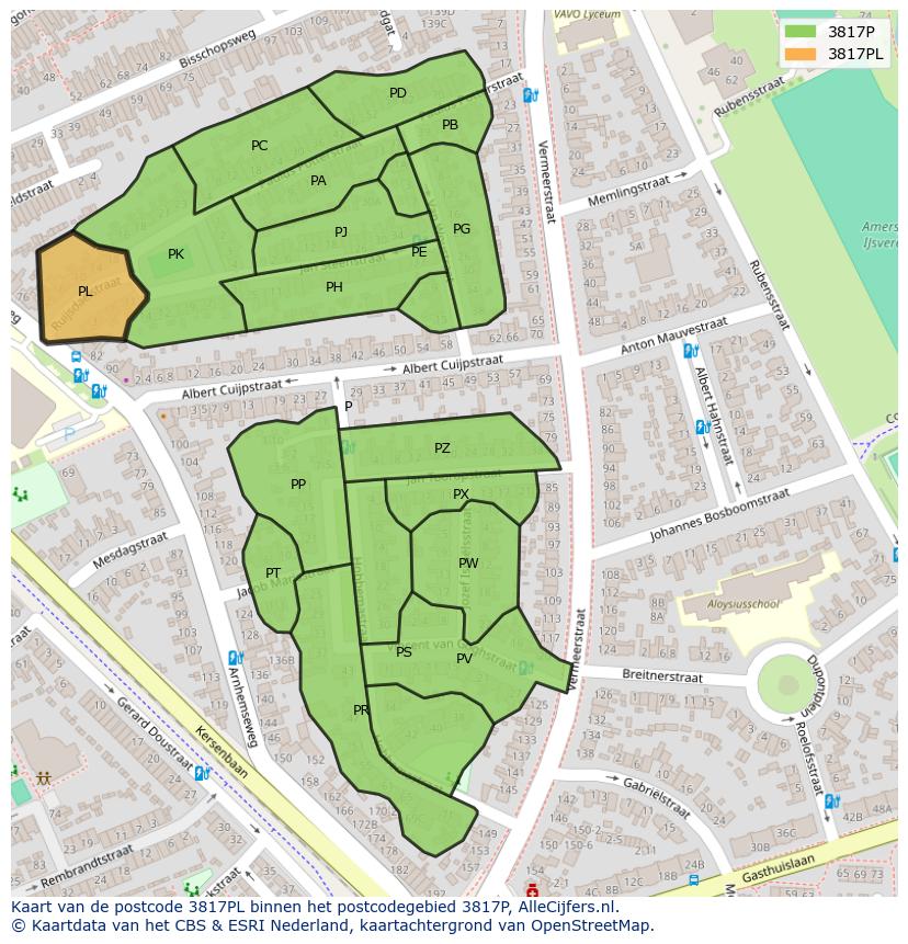Afbeelding van het postcodegebied 3817 PL op de kaart.