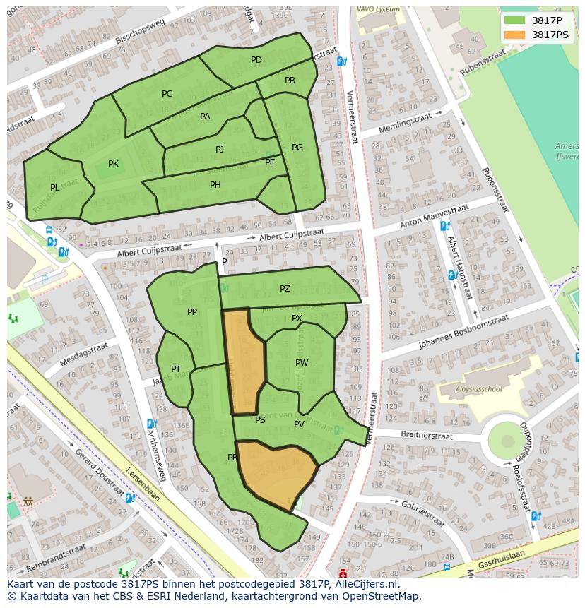 Afbeelding van het postcodegebied 3817 PS op de kaart.