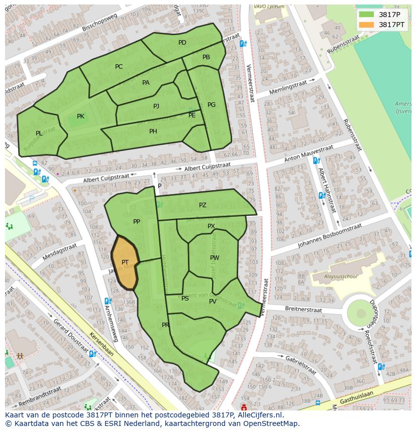 Afbeelding van het postcodegebied 3817 PT op de kaart.