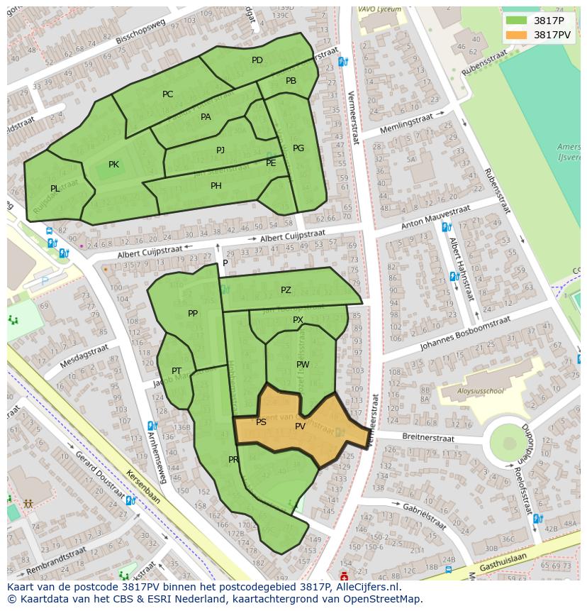 Afbeelding van het postcodegebied 3817 PV op de kaart.