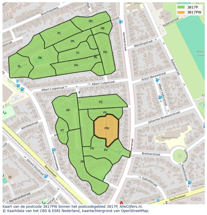 Afbeelding van het postcodegebied 3817 PW op de kaart.