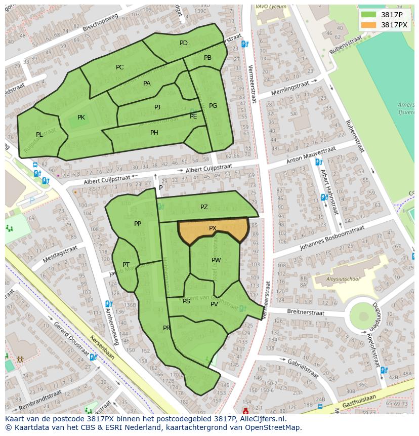 Afbeelding van het postcodegebied 3817 PX op de kaart.