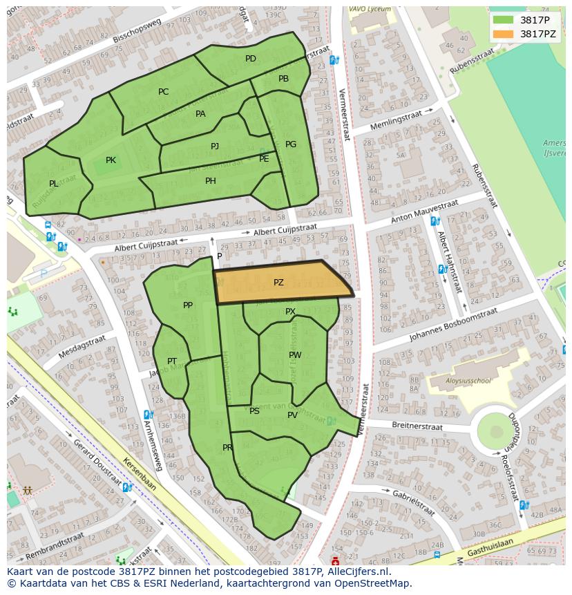 Afbeelding van het postcodegebied 3817 PZ op de kaart.