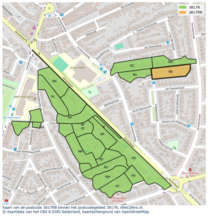 Afbeelding van het postcodegebied 3817 RB op de kaart.