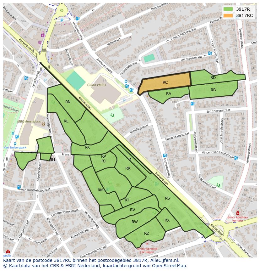 Afbeelding van het postcodegebied 3817 RC op de kaart.