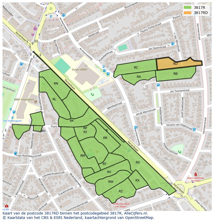 Afbeelding van het postcodegebied 3817 RD op de kaart.