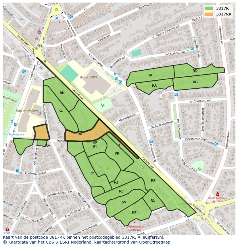 Afbeelding van het postcodegebied 3817 RK op de kaart.