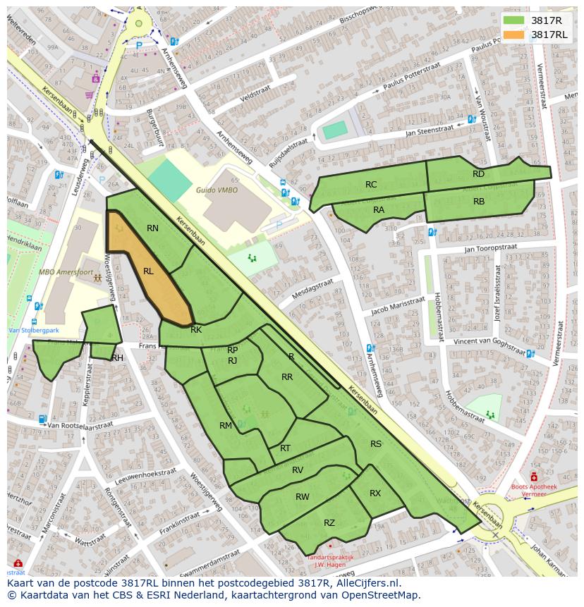 Afbeelding van het postcodegebied 3817 RL op de kaart.