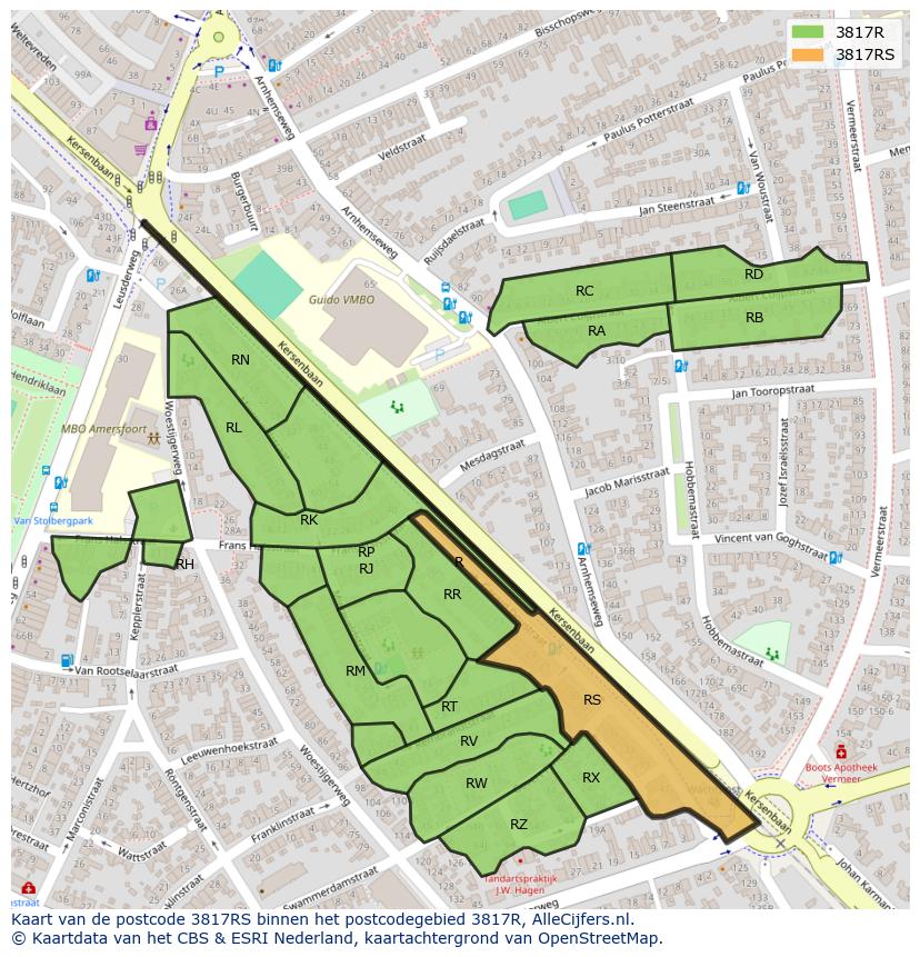 Afbeelding van het postcodegebied 3817 RS op de kaart.