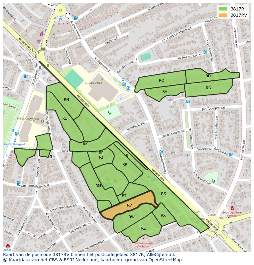Afbeelding van het postcodegebied 3817 RV op de kaart.