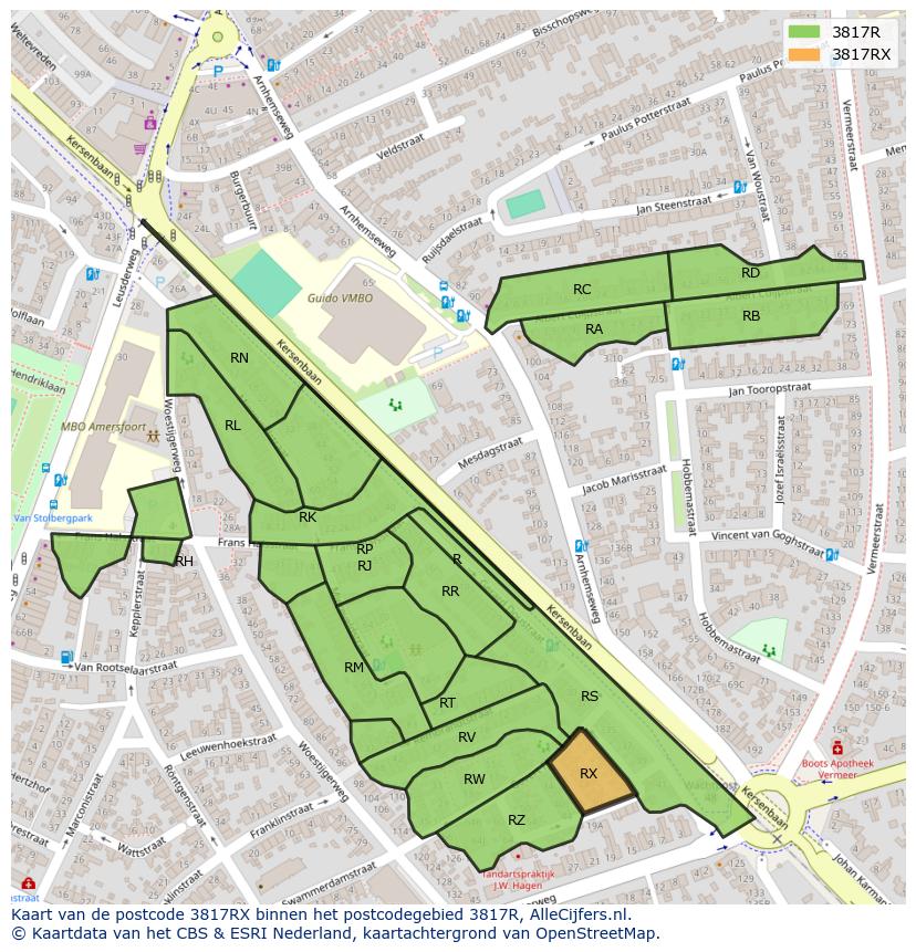 Afbeelding van het postcodegebied 3817 RX op de kaart.