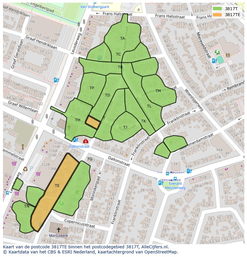 Afbeelding van het postcodegebied 3817 TE op de kaart.