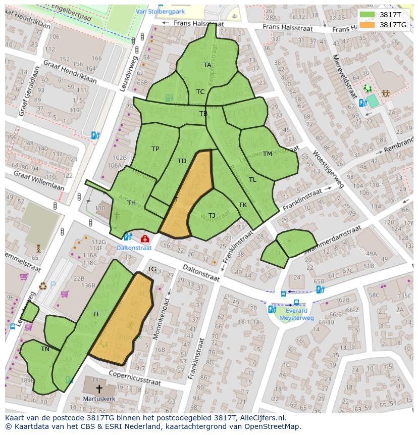 Afbeelding van het postcodegebied 3817 TG op de kaart.