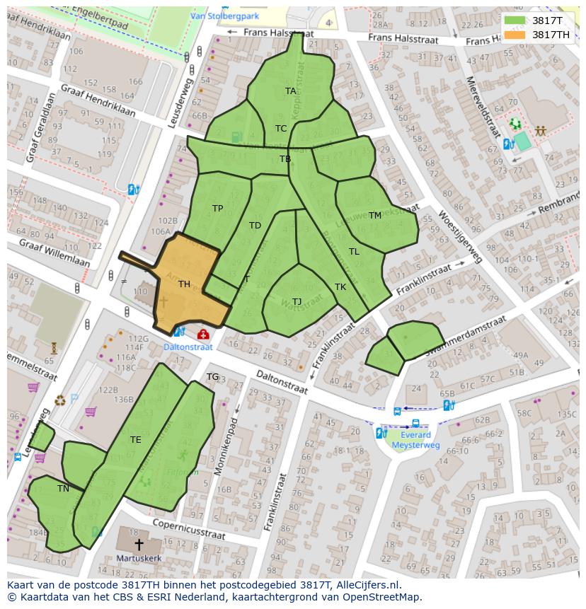 Afbeelding van het postcodegebied 3817 TH op de kaart.