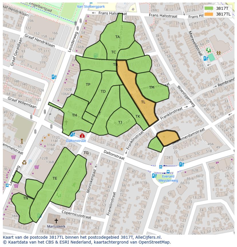 Afbeelding van het postcodegebied 3817 TL op de kaart.