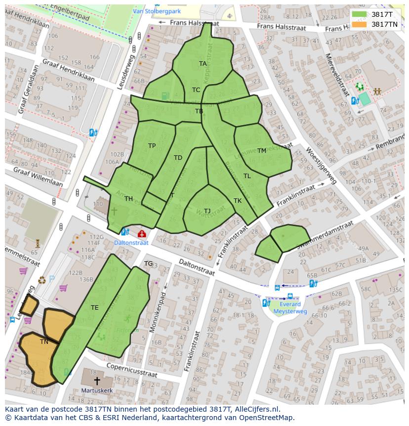 Afbeelding van het postcodegebied 3817 TN op de kaart.