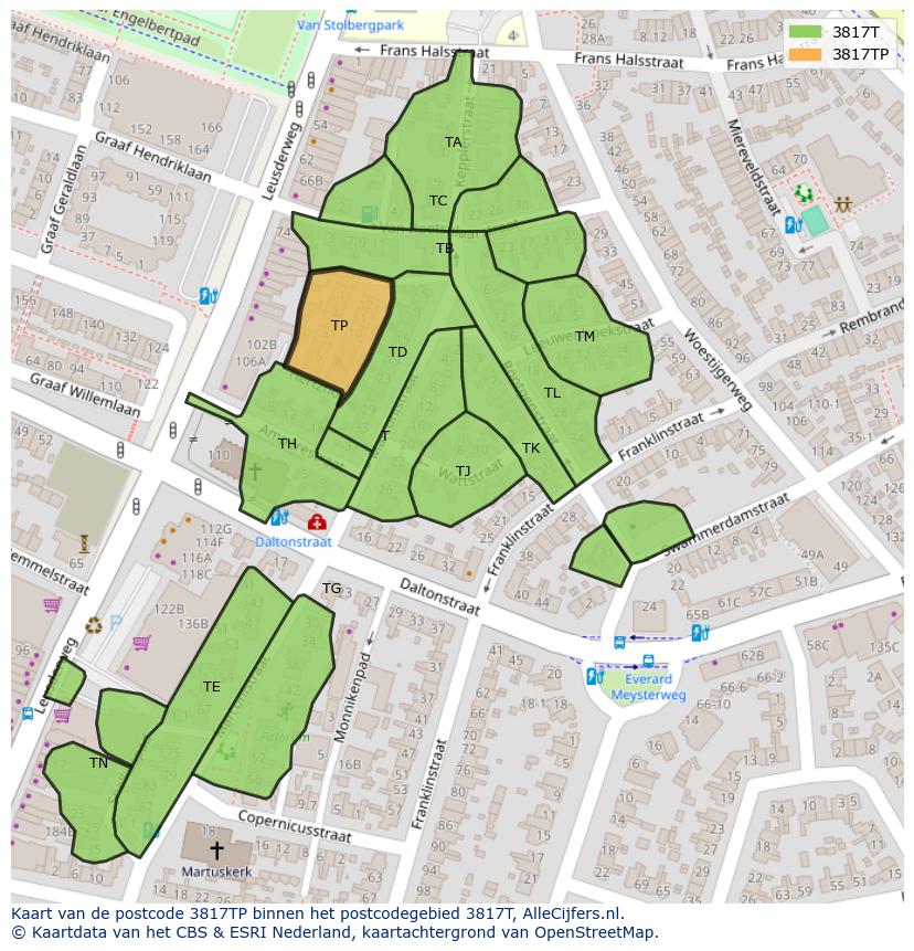 Afbeelding van het postcodegebied 3817 TP op de kaart.