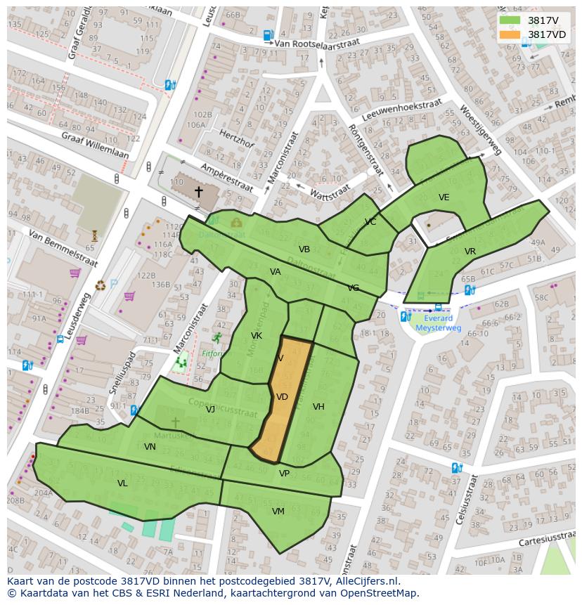 Afbeelding van het postcodegebied 3817 VD op de kaart.
