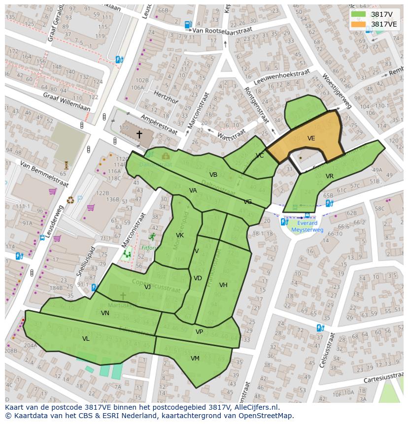 Afbeelding van het postcodegebied 3817 VE op de kaart.