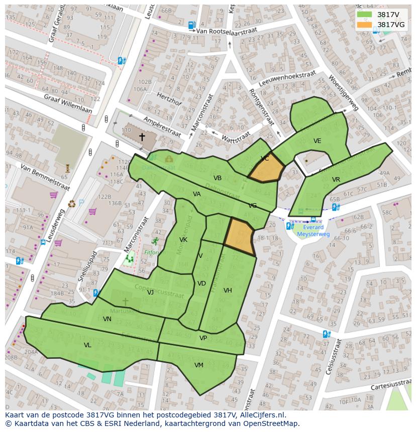 Afbeelding van het postcodegebied 3817 VG op de kaart.