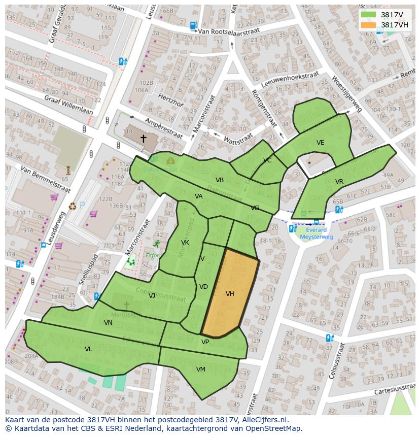 Afbeelding van het postcodegebied 3817 VH op de kaart.