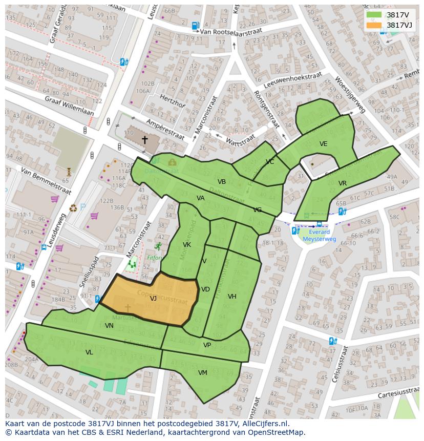 Afbeelding van het postcodegebied 3817 VJ op de kaart.