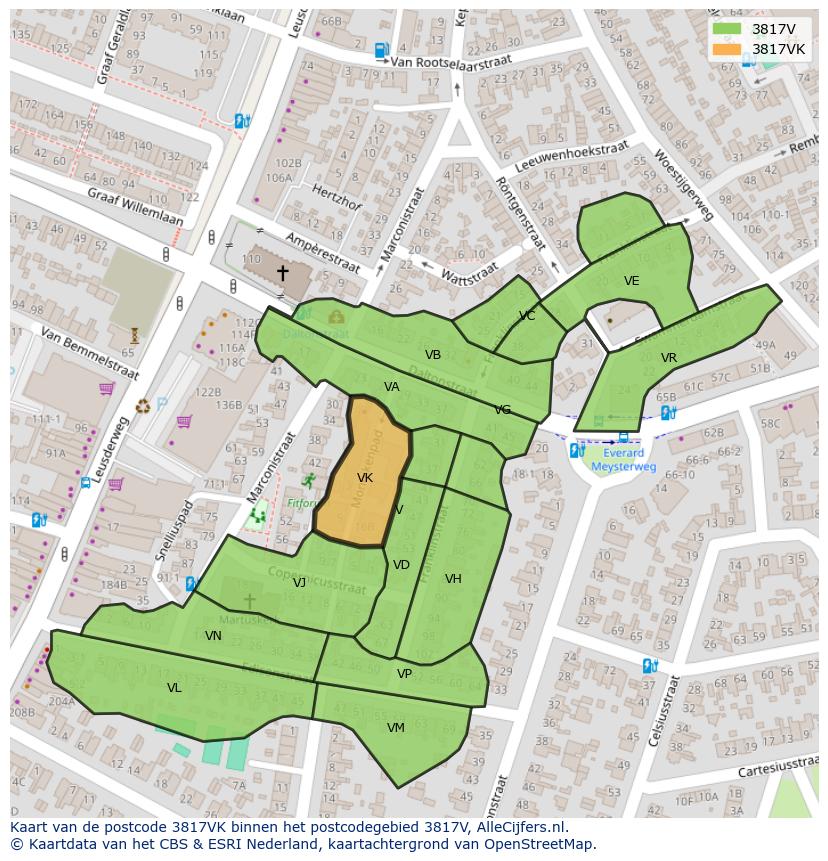 Afbeelding van het postcodegebied 3817 VK op de kaart.