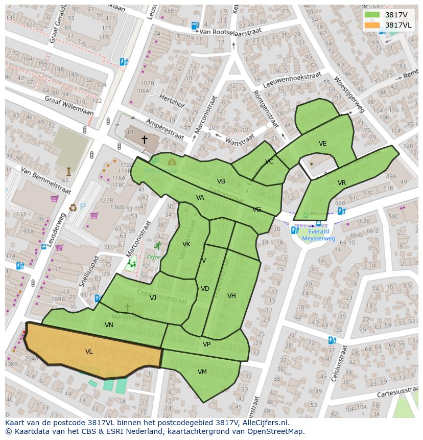 Afbeelding van het postcodegebied 3817 VL op de kaart.