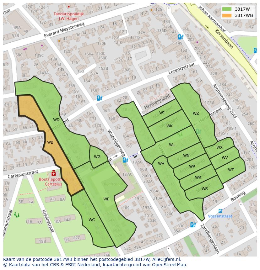 Afbeelding van het postcodegebied 3817 WB op de kaart.
