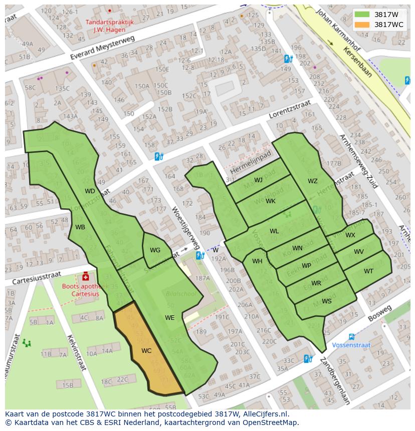 Afbeelding van het postcodegebied 3817 WC op de kaart.