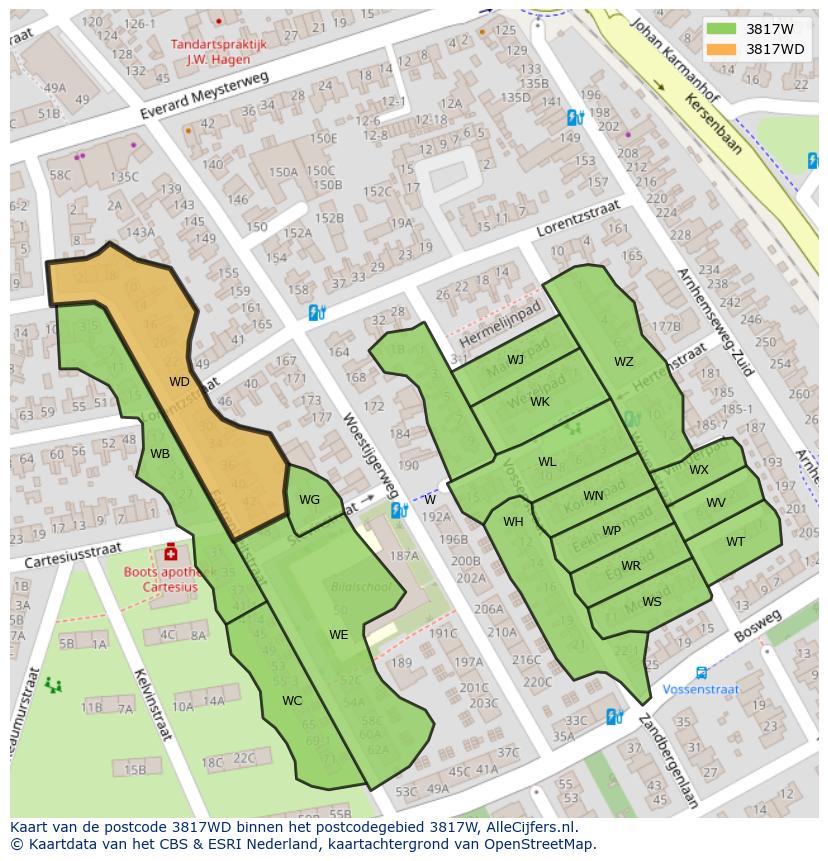 Afbeelding van het postcodegebied 3817 WD op de kaart.
