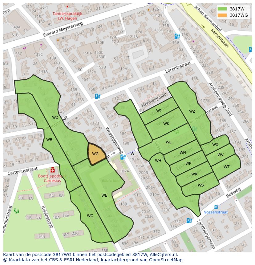 Afbeelding van het postcodegebied 3817 WG op de kaart.