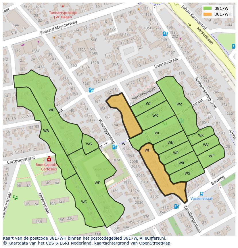 Afbeelding van het postcodegebied 3817 WH op de kaart.
