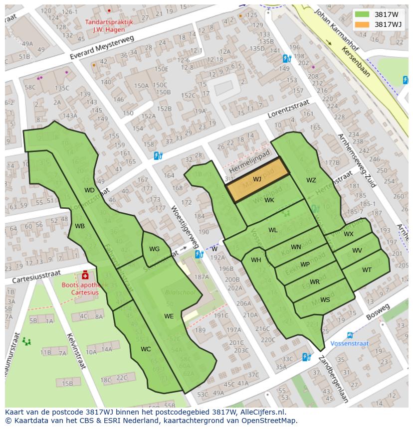 Afbeelding van het postcodegebied 3817 WJ op de kaart.