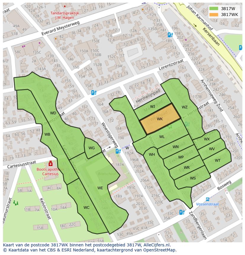 Afbeelding van het postcodegebied 3817 WK op de kaart.