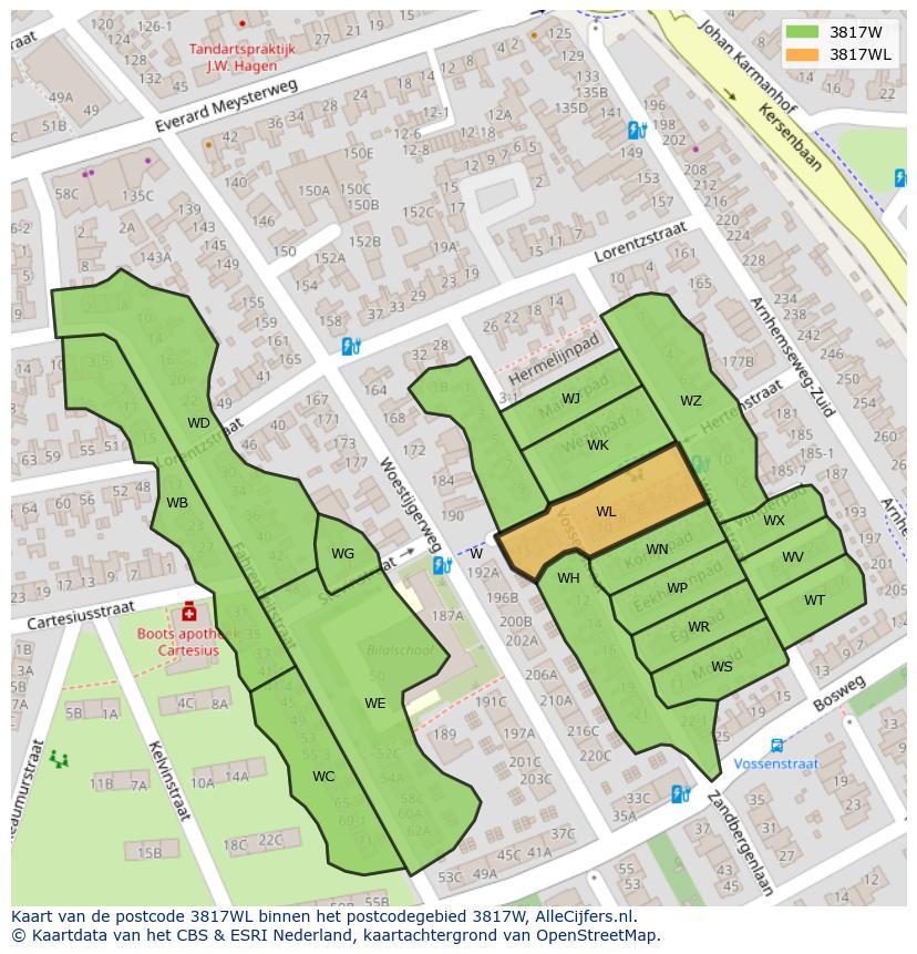 Afbeelding van het postcodegebied 3817 WL op de kaart.
