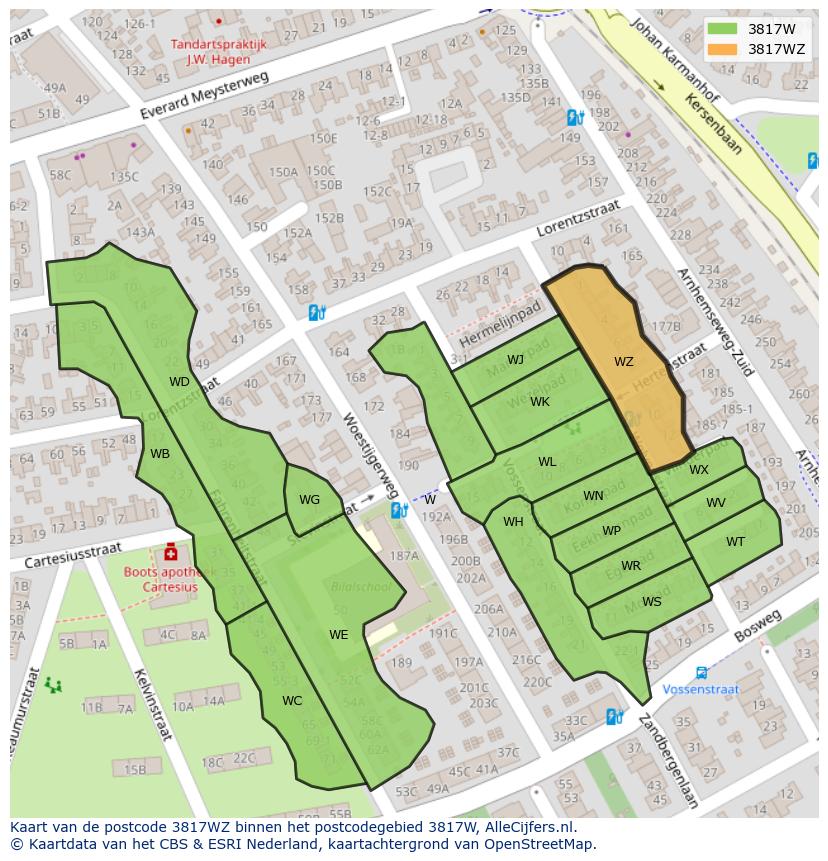 Afbeelding van het postcodegebied 3817 WZ op de kaart.