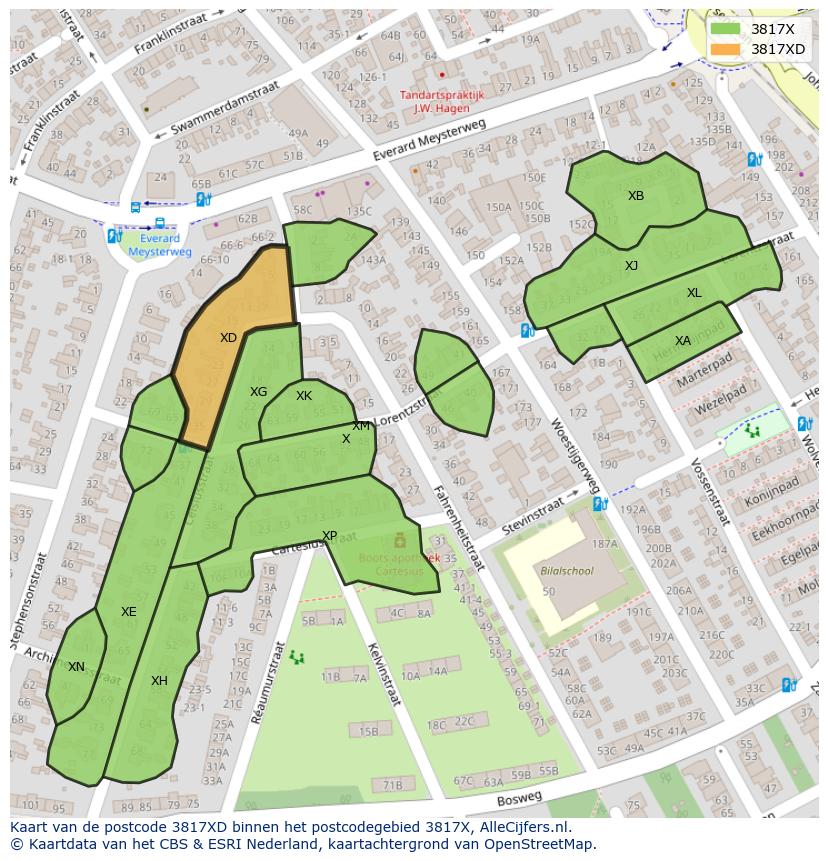 Afbeelding van het postcodegebied 3817 XD op de kaart.