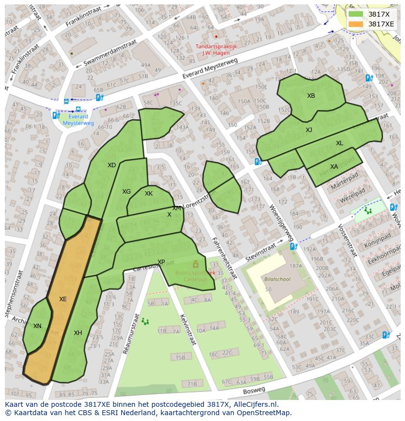 Afbeelding van het postcodegebied 3817 XE op de kaart.