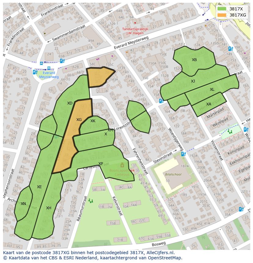 Afbeelding van het postcodegebied 3817 XG op de kaart.